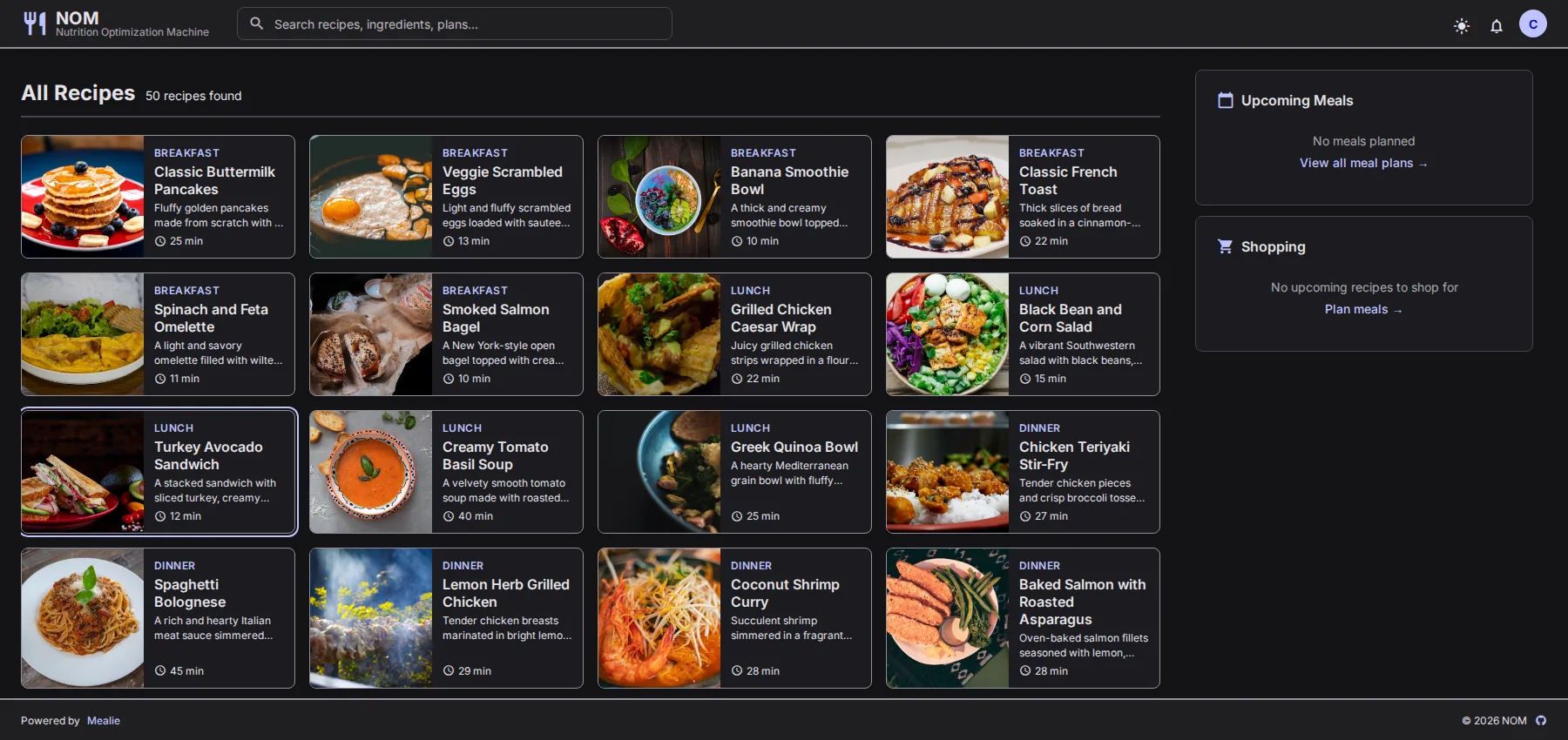 NOM's recipe browser showing a grid of breakfast, lunch, and dinner recipes with photos and cook times